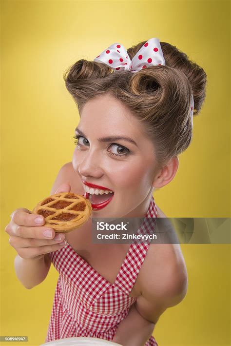 Beautiful Emotional Girl With Pretty Smile In Pinup Style Posing Stock