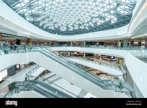 Automatic Staircase In Indoor Shopping Mall With Ceiling Hi Res Stock