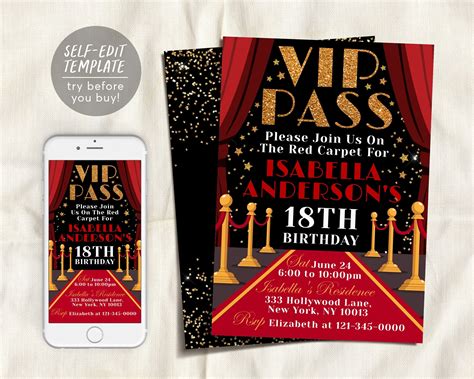 Vip Pass Birthday Invitation Editable Template Hollywood Red Worksheets Library