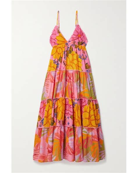 Farm Rio Crochet Trimmed Tiered Floral Print Cotton Voile Maxi Dress In