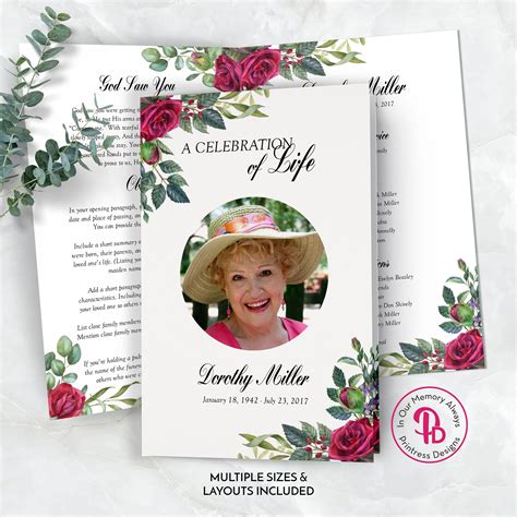 Deep Pink Roses Funeral Program Obituary Template Celebration Of Life Program Printable