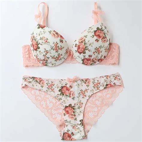 Femal Intimates French Gather Sexy Lingerie Set Print Flower Push Up