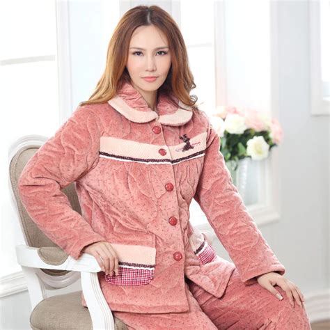 New Winter Keep Warm Thick Coral Fleece Women Quilted Pajamas Set