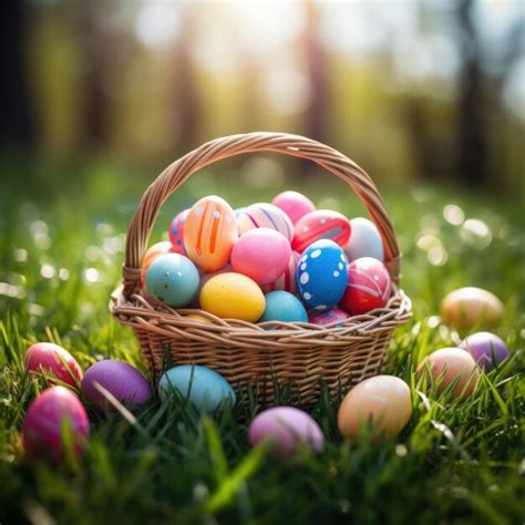 Premium Photo Easter Wicker Basket Colorful Painted Eggs In Green