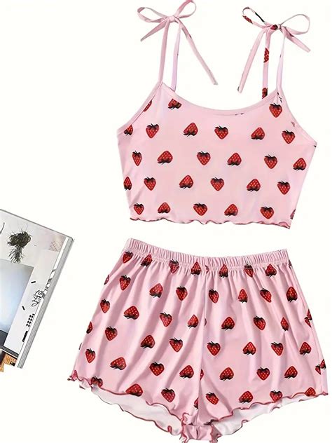 Strawberry Print Pajama Set Lace Cami Top Lettuce Trim Temu Australia