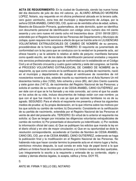 Acta De Requerimiento Cambio De Nombre Pdf Gobierno