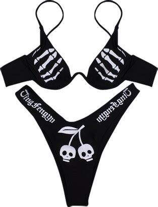 Zgmyc Women Funny Skull Letter Print Goth Bikini Set Piece Neon