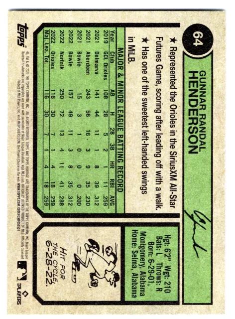 2023 TOPPS HERITAGE 64 Gunnar Henderson RC Recrue Baltimore Orioles