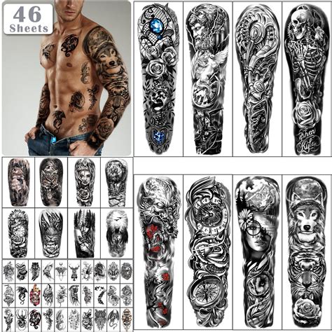 46 Sheets Full Arm Skull Temporary Tattoos For Men Half Arm Shoulder Angel Tattoo For Ladies