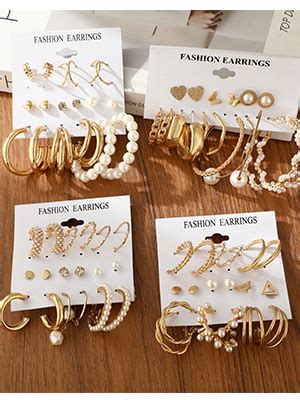 Pairs Gold Earrings Set For Women Girls Fashion Pearl Chain Link