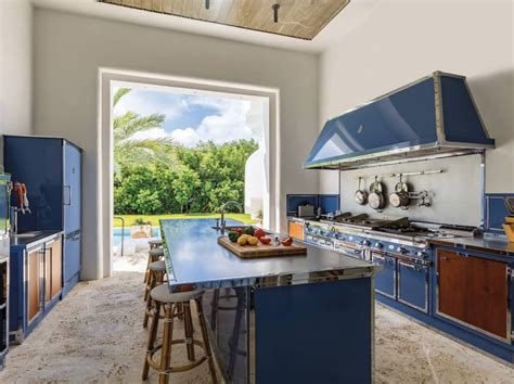 Professional Custom Steel Kitchen With Island Pigeon Blue And Polished