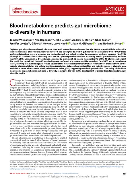 Blood metabolome predicts gut microbiome α diversity in humans