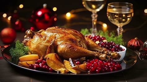 Juicy And Tasty Roast Turkey On A Plate With Christmas Decorations