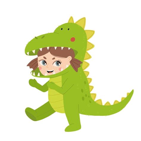 Premium Vector | Little girl dressed in jumpsuit kigurumi in form of t rex girl in dinosaur or ...