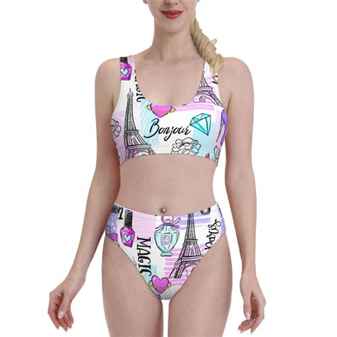 Lukts Women High Waisted Bikini Set Eiffel Tower And Hearts Swimsuit 2