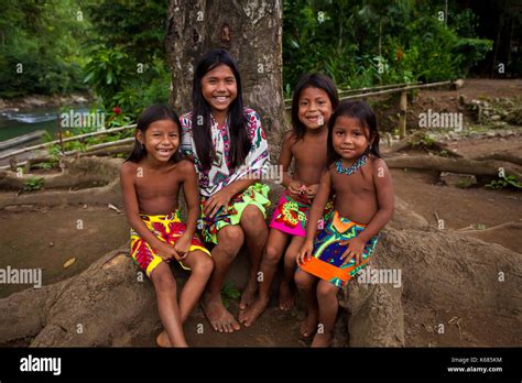 Happy Embera Puru Indian Ren In Their Village Beside Play Anam Girl