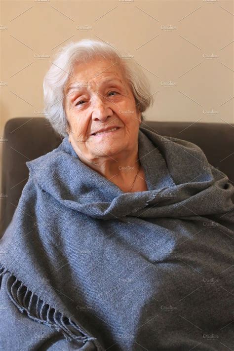 Portrait Of A Very Elderly Woman Close Up Positive Ninety Year Old