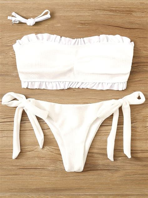 White Swimsuit Frill Trim Bandeau Top With Tie Side Bikini Bottom