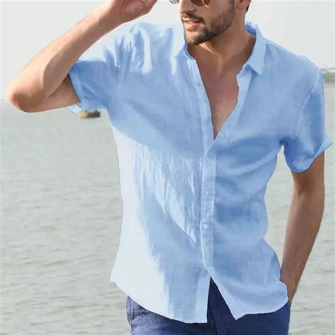 Mens Linen Shirts White Short Sleeve Male Shirt Blouses Solid Casual