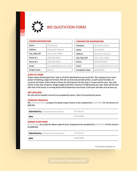 Bid Quotation Template Free Estimate And Quote Templates