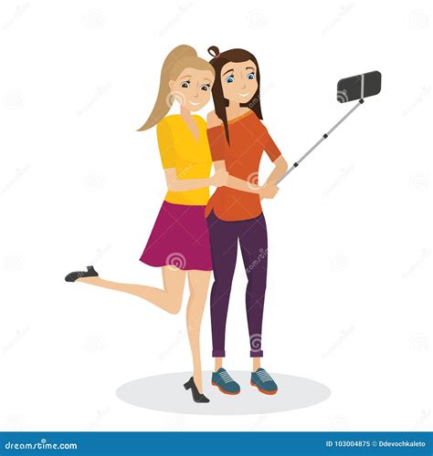 Girls Make Selfie With Stick For Selfie Stock Vector Illustration Of