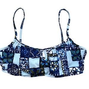S Floral Bikini Two Piece Set BLUE Patchwork Bathing Suit High Waisted Boho Vintage Retro