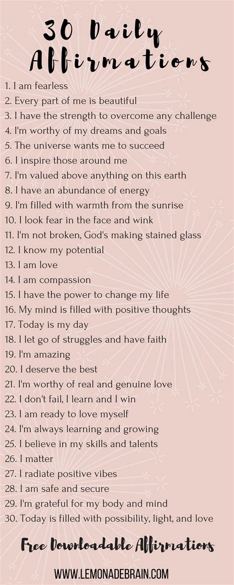 Free Printable List Of Positive Affirmations