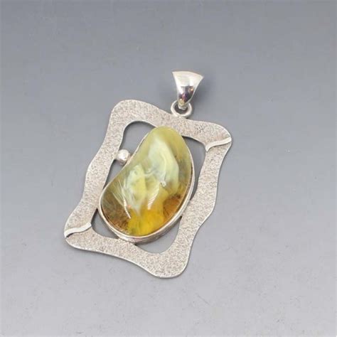 Large Amber And Sterling Silver Rectangle Pendant