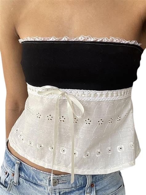 Louatui Women Tube Top Strapless Backless Lacing Hollowed Patchwork