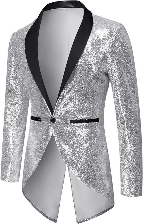 Mens Shiny Sequin Tailcoat Blazer Jacket Dinner Tuxedo Swallowtail