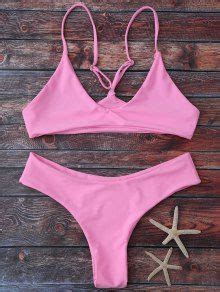 Off Spaghetti Strap Thong Bikini Set In Pink Zaful