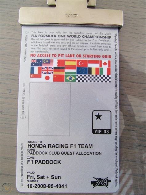 F1 Paddock Pass 2008 Fuji Japanese Grand Prix Honda VIP Historic ...