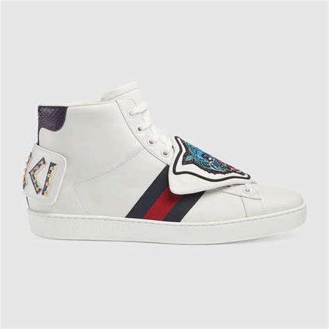 Gucci Men S Leather Ace High Top Sneakers With Removable Embroideries