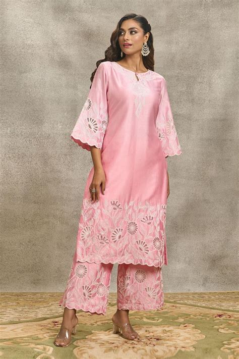 Buy Pink Silk Chanderi Embroidered Floral Cutwork Round Dori Kurta