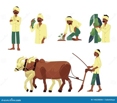 Vector Illustration Of Indian Farmer Working In Field And Off