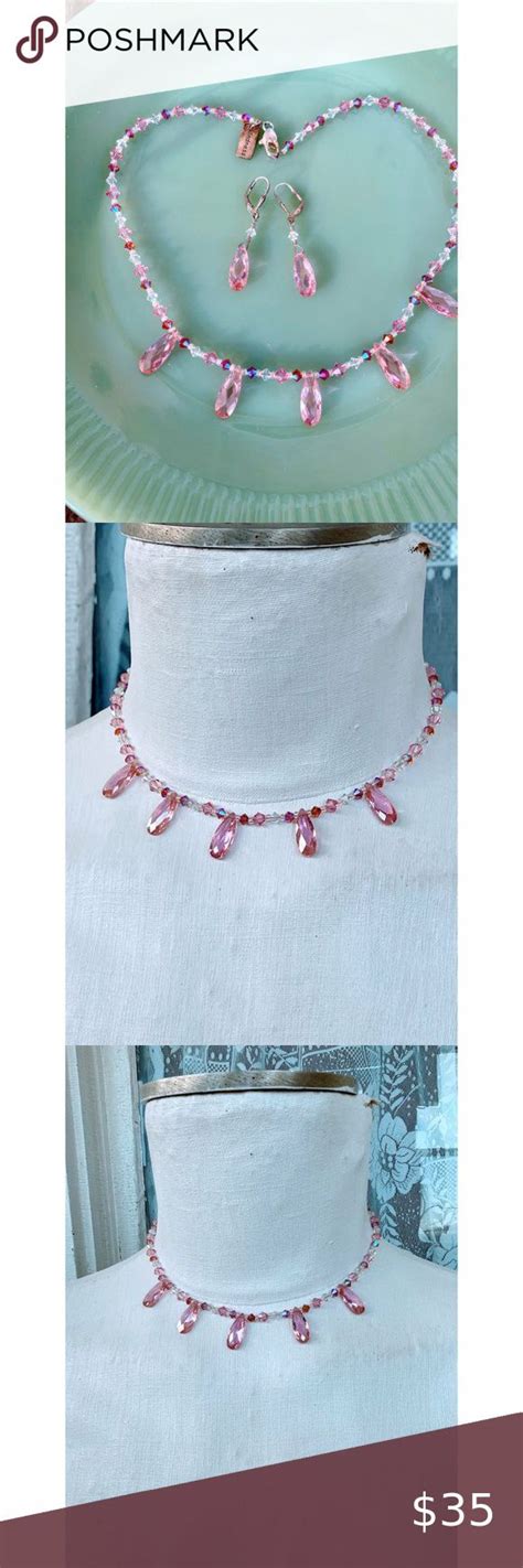 Sterling Silver Pink AB Glass Bead Necklace Earrings Set Glass Bead