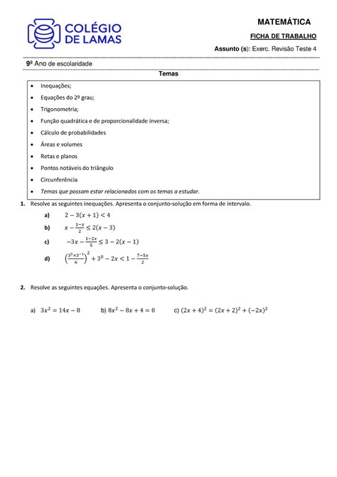 Ft Exerc Revisão Teste 4 Temas Inequações Equações Do 2º Grau