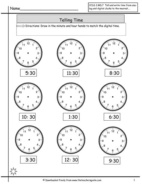 Telling Time Half Hour Worksheets Grade