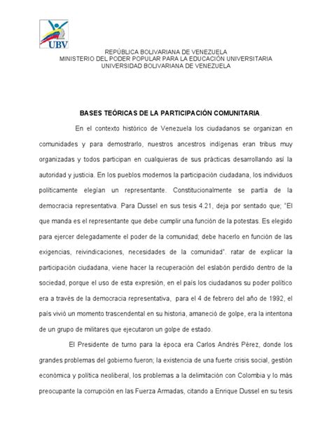 Bases Teoricas De La Participaciom Comunitaria Pdf Democracia