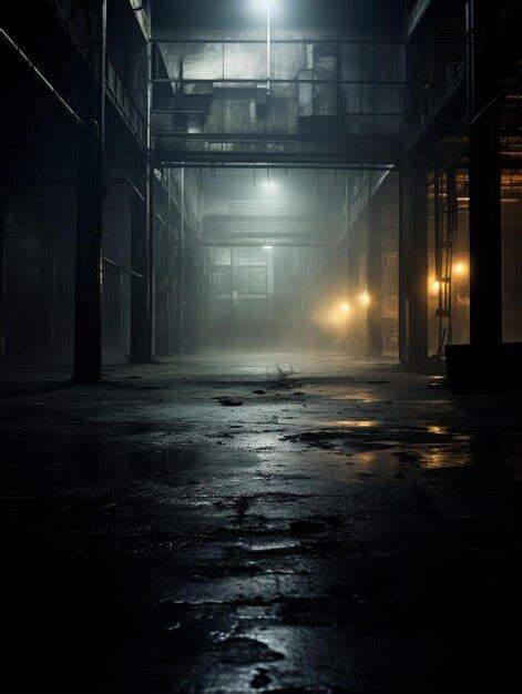 Premium Photo | A dark empty warehouse with lights on at night