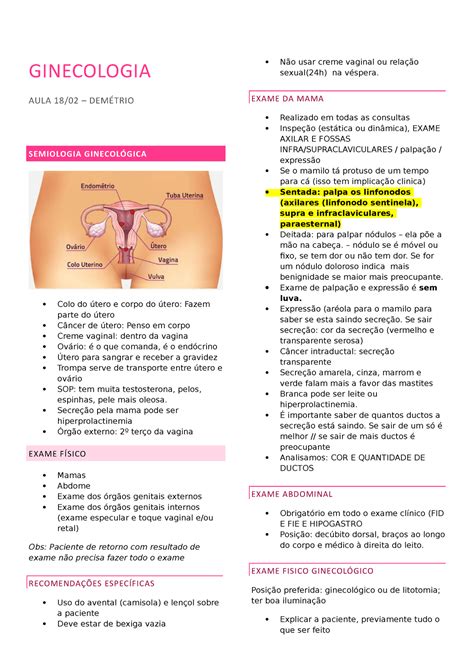 Caderno 1 Ginecologia Ginecologia Aula 1802 DemÉtrio Semiologia