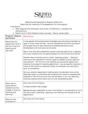 Fillable Online Sierracollege Departmental Assessment Analysis DAA Form