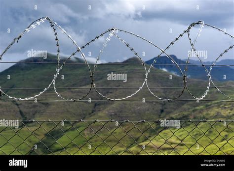 Barbed-wire fence border between South Africa and Lesotho with the ...