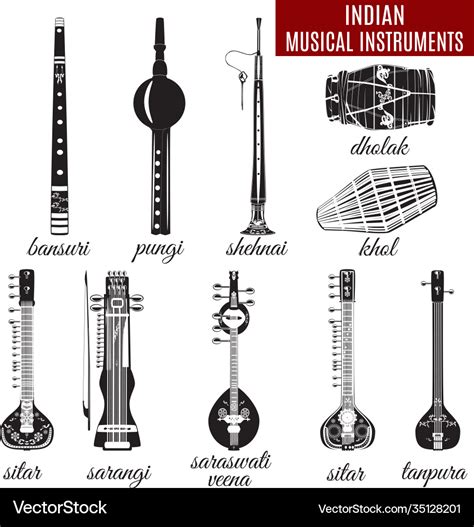 Black and white indian musical instruments Vector Image