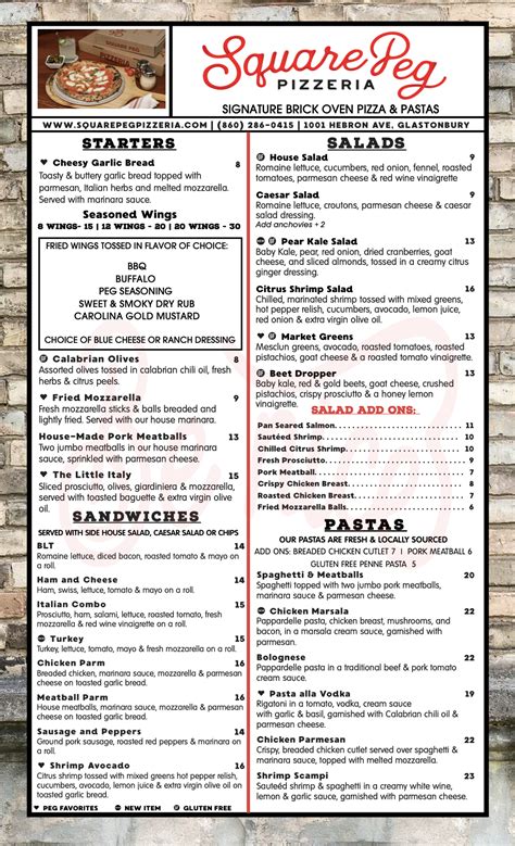 Menu Glastonbury - Square Peg Pizzeria - Italian Restaurant in CT