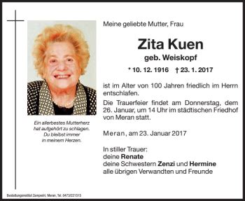 Traueranzeigen Von Zita Kuen Trauer Bz