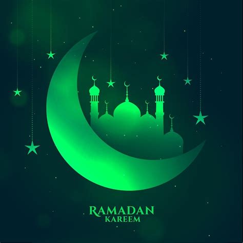 Free Vector Greem Ramadan Kareem Shiny Background With Moon And Mosque