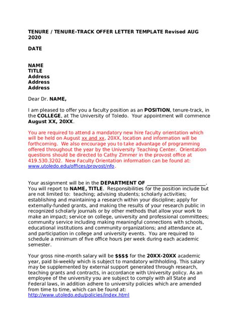 7 5 Sample Tenure System Faculty Offer Letter Doc Template Doc