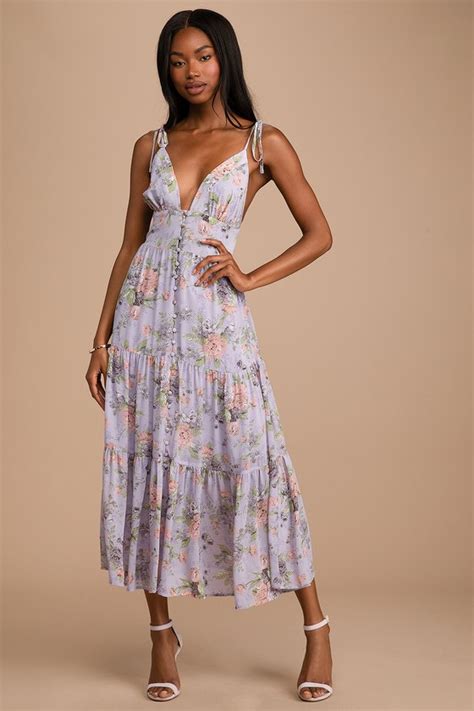 Purple Midi Dress Floral Print Dress Tie Strap Dress Midi Lulus