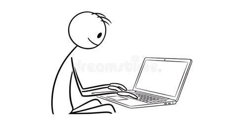 stick figure man working  laptop isolated  white background cartoon